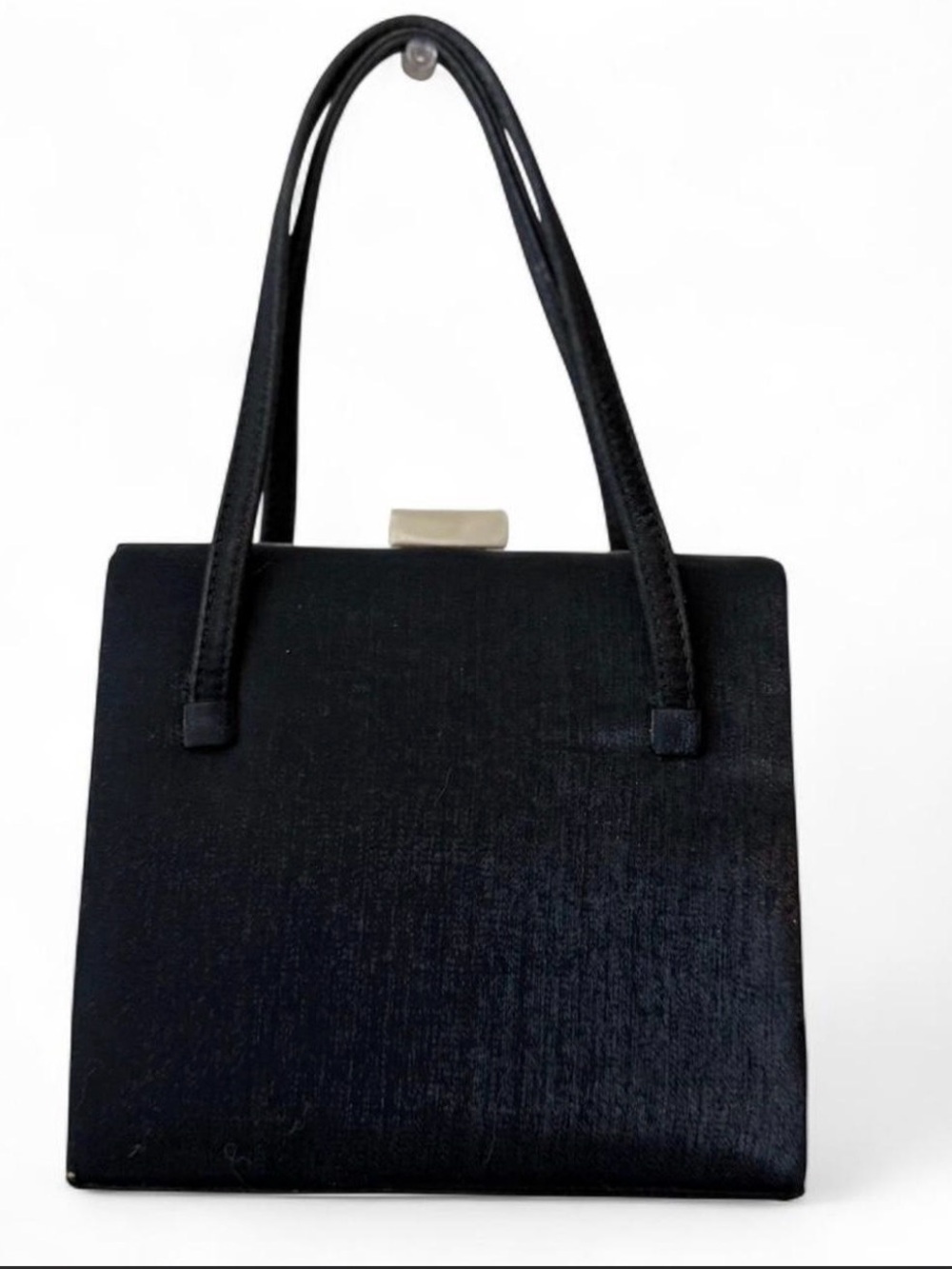 Jeanne Lottie Vintage Structured Black Satin Evening Clutch with Top Handles
